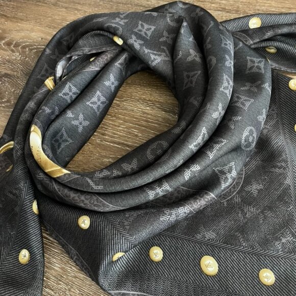 New Louis Vuitton Scarf Monogram Denim Blask Gray Square Silk Wrap - Picture 14 of 16